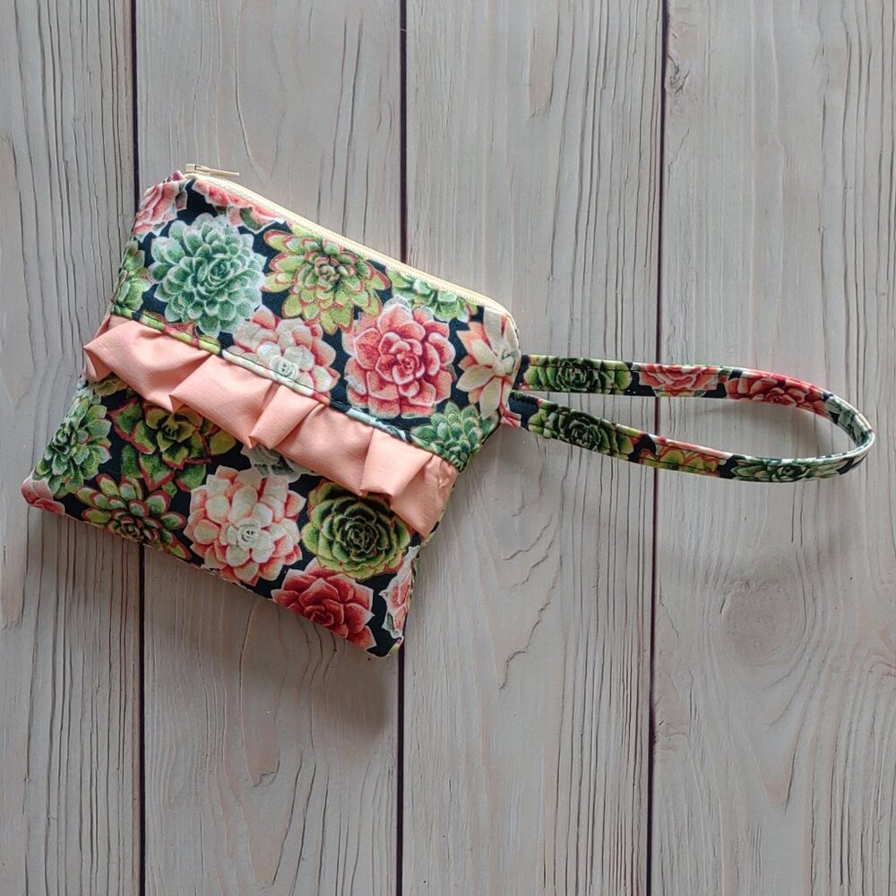 NEW! Peach + Green Succulents Ruffle Zip Zipper Pouch Bag Travel Case